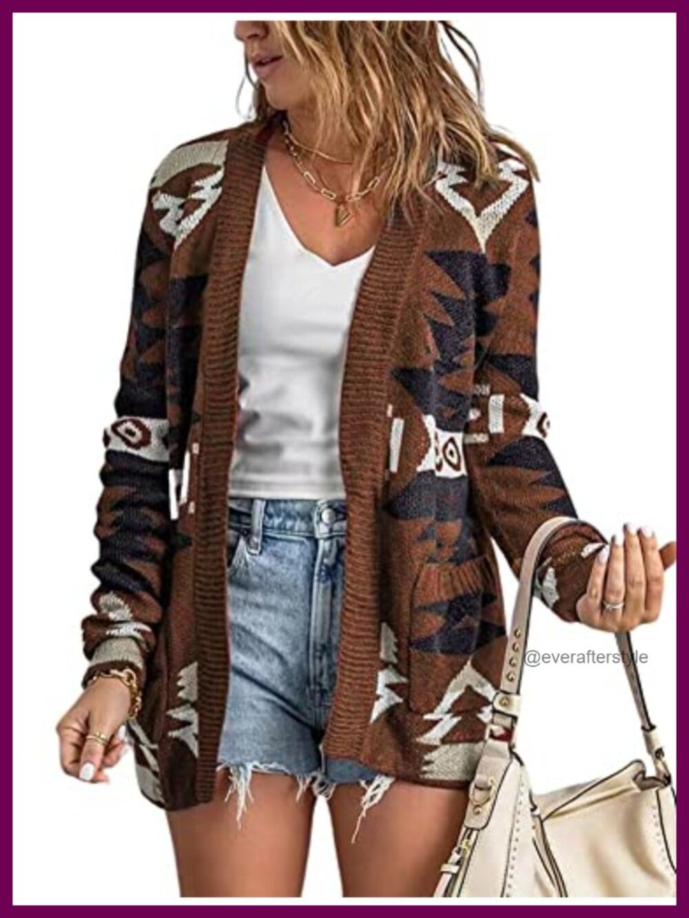 Women's Open Front Knit Cardigan Aztec Pattern Long Sleeve Cozy Sweater